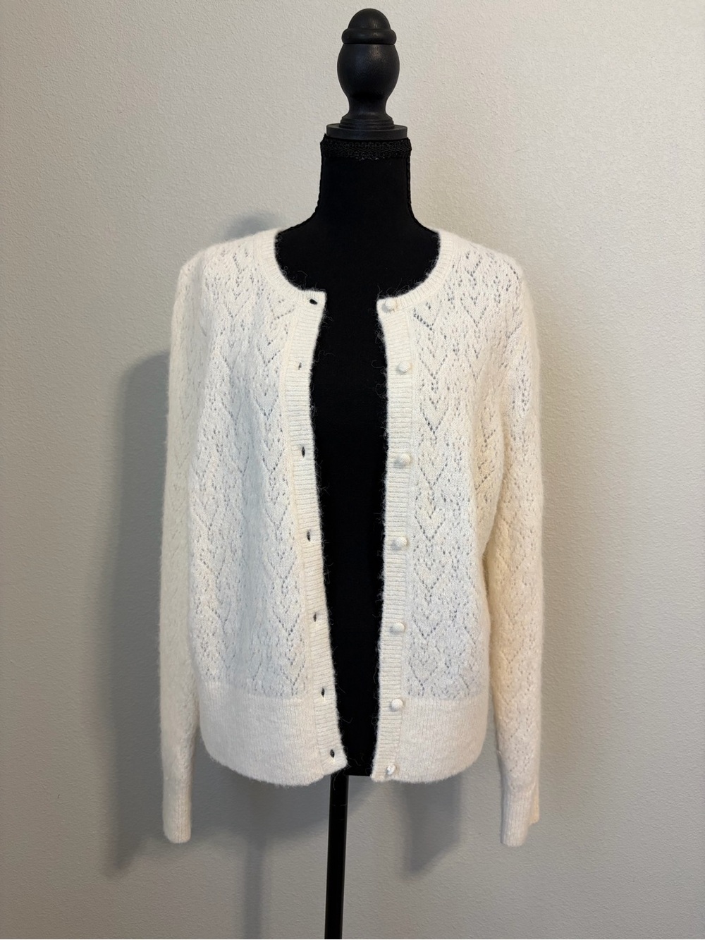 J.Crew Size L Ivory Heart Pointelle Cardigan Sweater